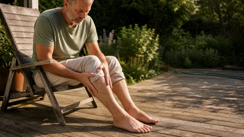 A man in his 50s sits on a sunlit wooden deck, thoughtfully examining his legs in a candid, domestic morning scene.