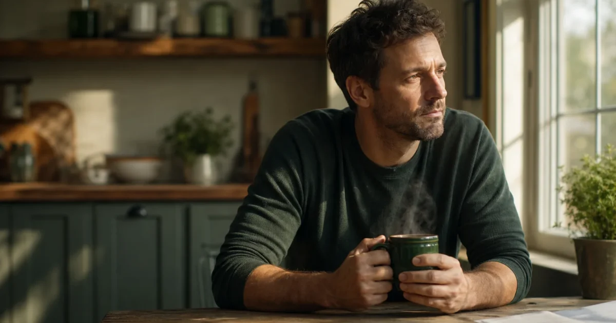 A man in his late 30s sitting thoughtfully at a kitchen table holding a coffee mug, illuminated by soft morning light.