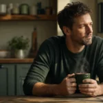 A man in his late 30s sitting thoughtfully at a kitchen table holding a coffee mug, illuminated by soft morning light.