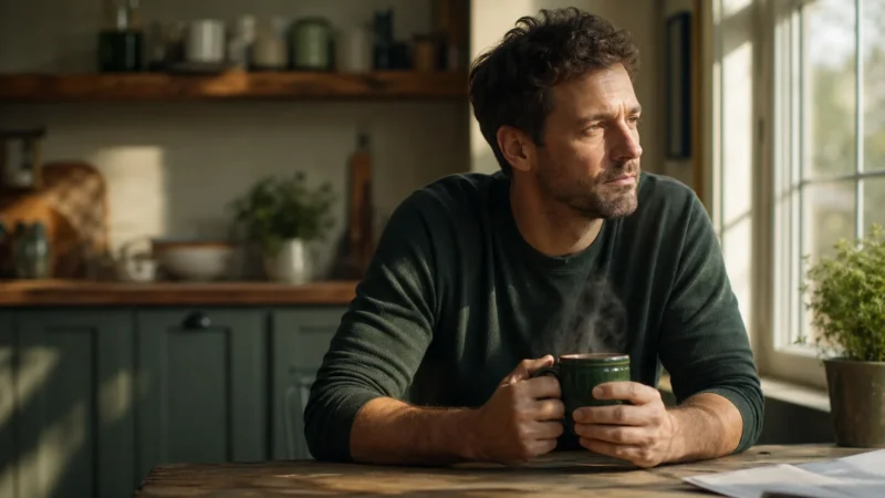 A man in his late 30s sitting thoughtfully at a kitchen table holding a coffee mug, illuminated by soft morning light.