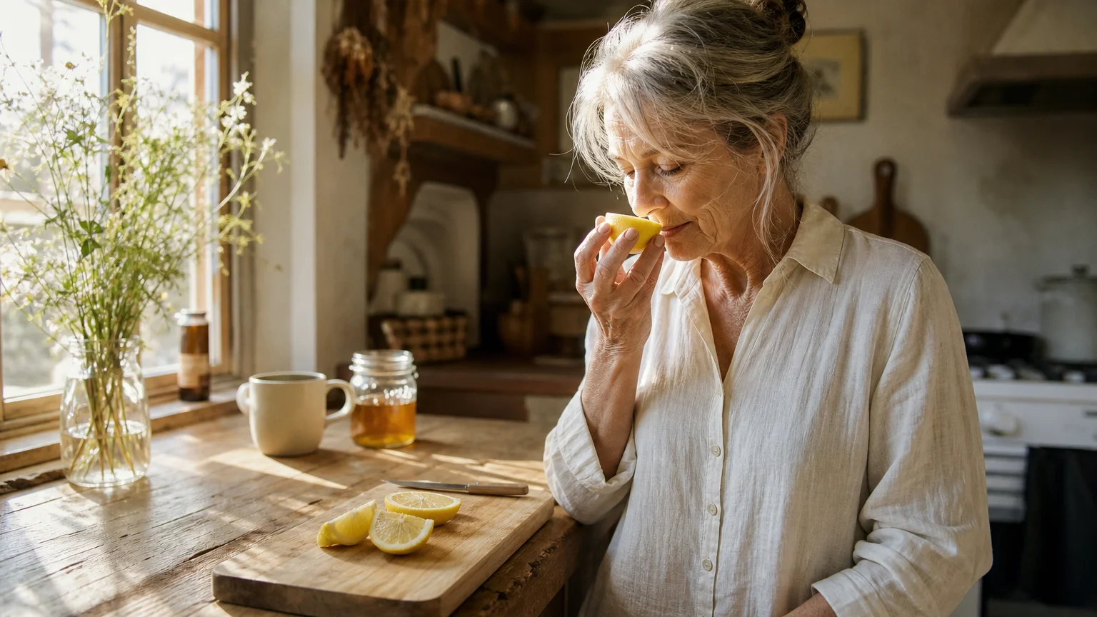 A mature woman in a sunlit kitchen holds a freshly sliced lemon to her nose, thoughtfully checking her sense of smell.