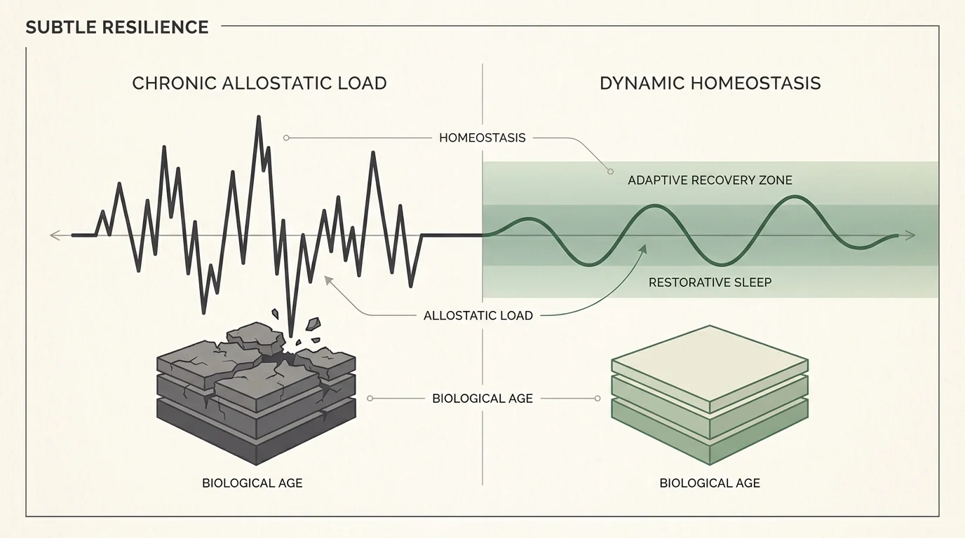 A minimal conceptual diagram comparing high chronic allostatic load to stable dynamic homeostasis with clean labels.
