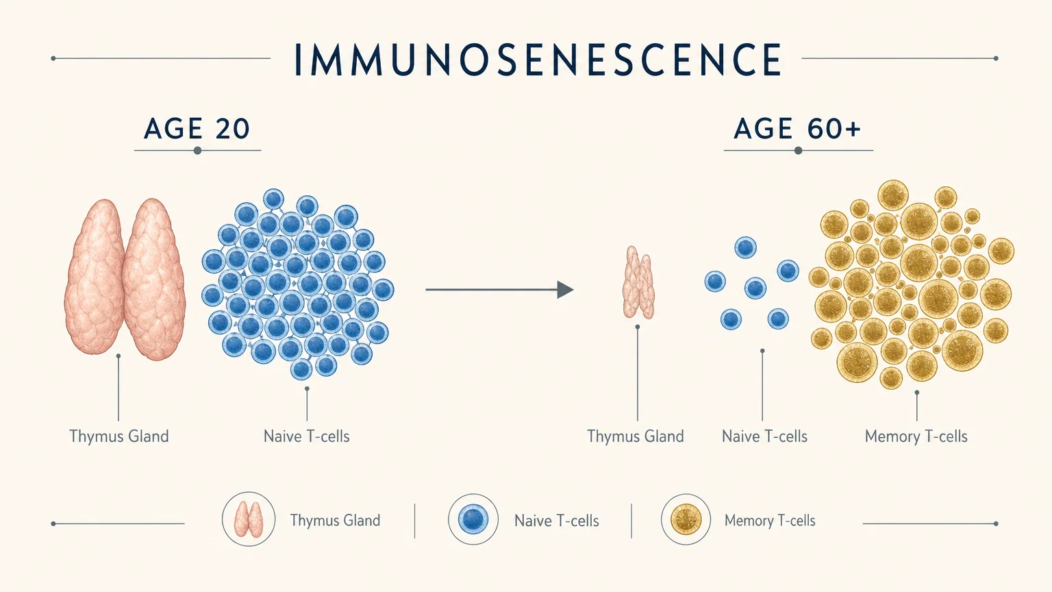 A minimalist diagram comparing the thymus gland and T-cell populations at Age 20 versus Age 60+.