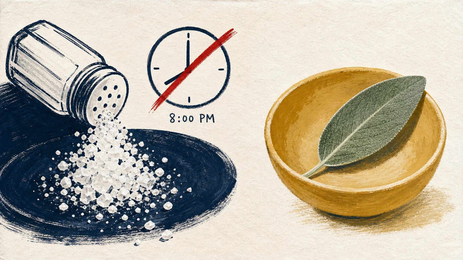 A minimalist editorial illustration showing a spilled salt shaker at 8:00 PM crossed out next to a light, healthy bowl with a green leaf.