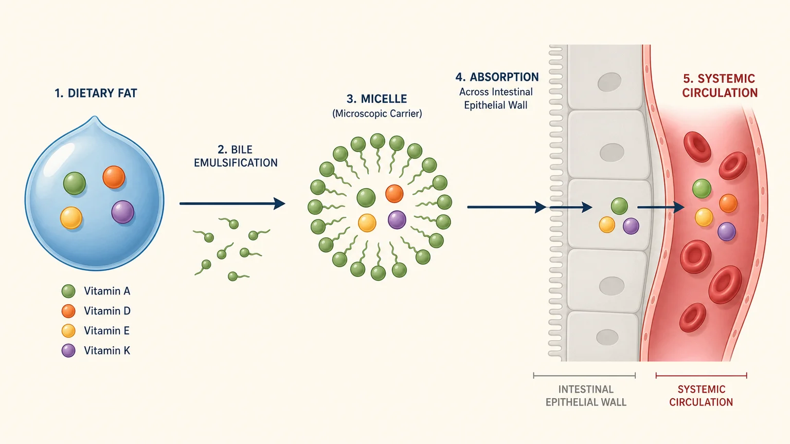 A minimalist science diagram showing how fat-soluble vitamins are encapsulated by micelles to cross the intestinal wall into the bloodstream