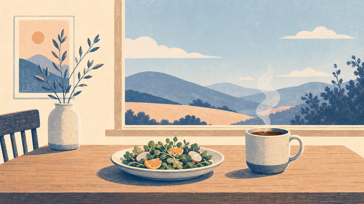 A minimalist screenprint illustration of a quiet dining table next to a window, symbolizing a calm, mindful state for digestion.