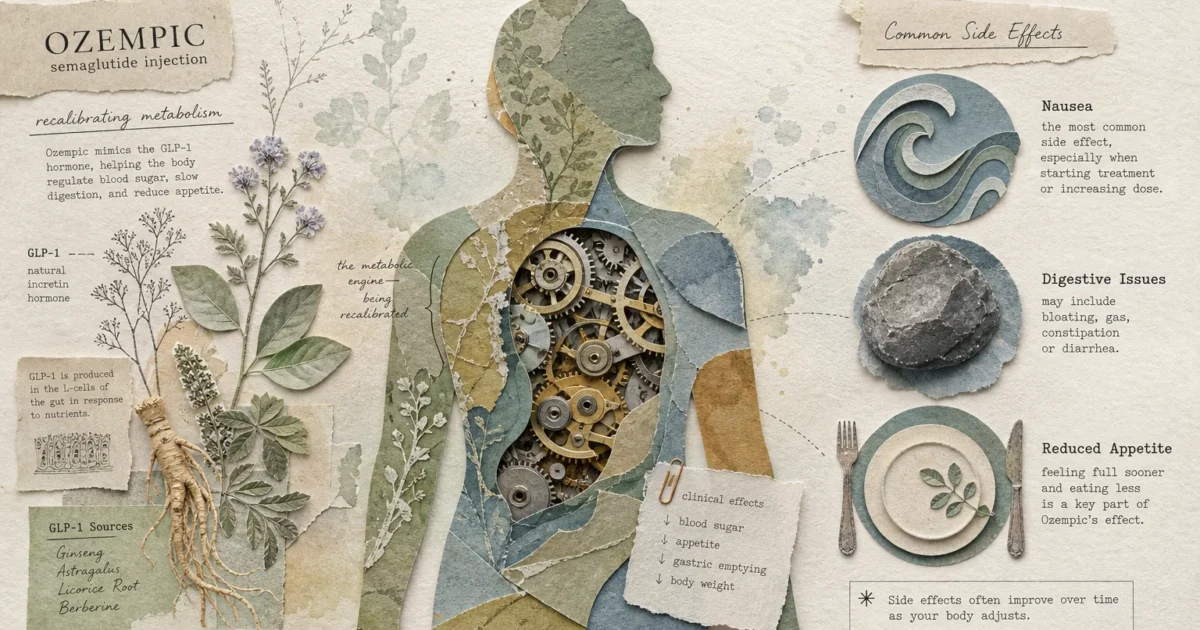 A mixed-media collage featuring a human silhouette with clockwork gears and organic textures representing metabolic health.