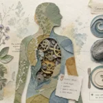 A mixed-media collage featuring a human silhouette with clockwork gears and organic textures representing metabolic health.