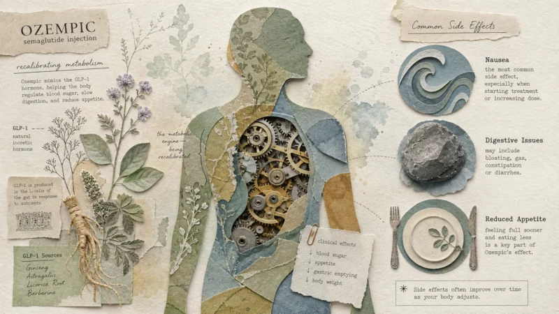 A mixed-media collage featuring a human silhouette with clockwork gears and organic textures representing metabolic health.