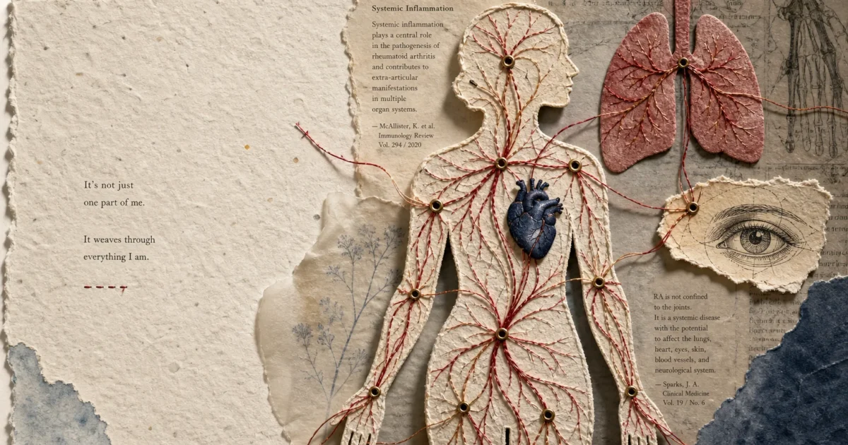 A mixed-media collage of a human silhouette with red threads connecting joints to paper-cut lungs, heart, and eye symbols.