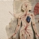 A mixed-media collage of a human silhouette with red threads connecting joints to paper-cut lungs, heart, and eye symbols.