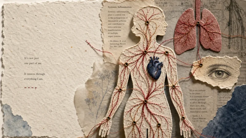 A mixed-media collage of a human silhouette with red threads connecting joints to paper-cut lungs, heart, and eye symbols.