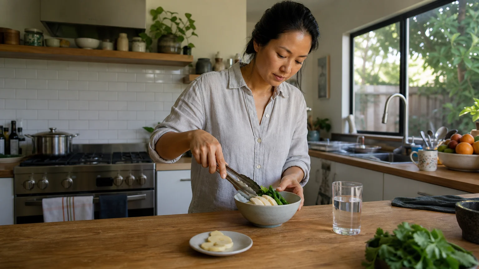 A person in a sunlit home kitchen preparing a small, healthy meal of lean protein and greens to manage medication-related nausea.