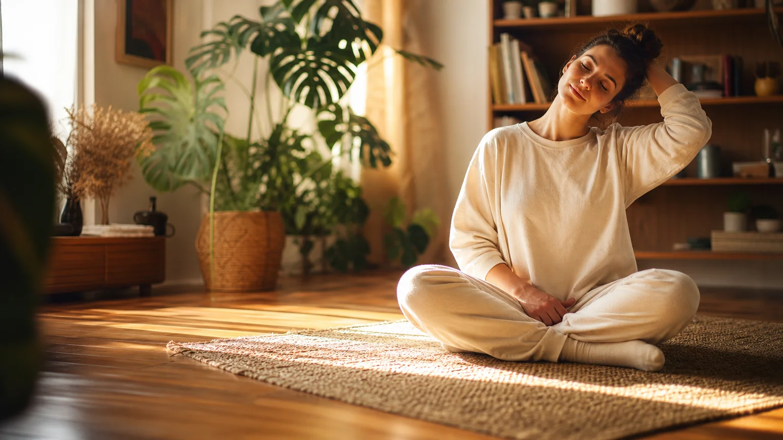 A person practicing mindful stretching on a jute mat in a sunlit, warm living room, demonstrating stress management.