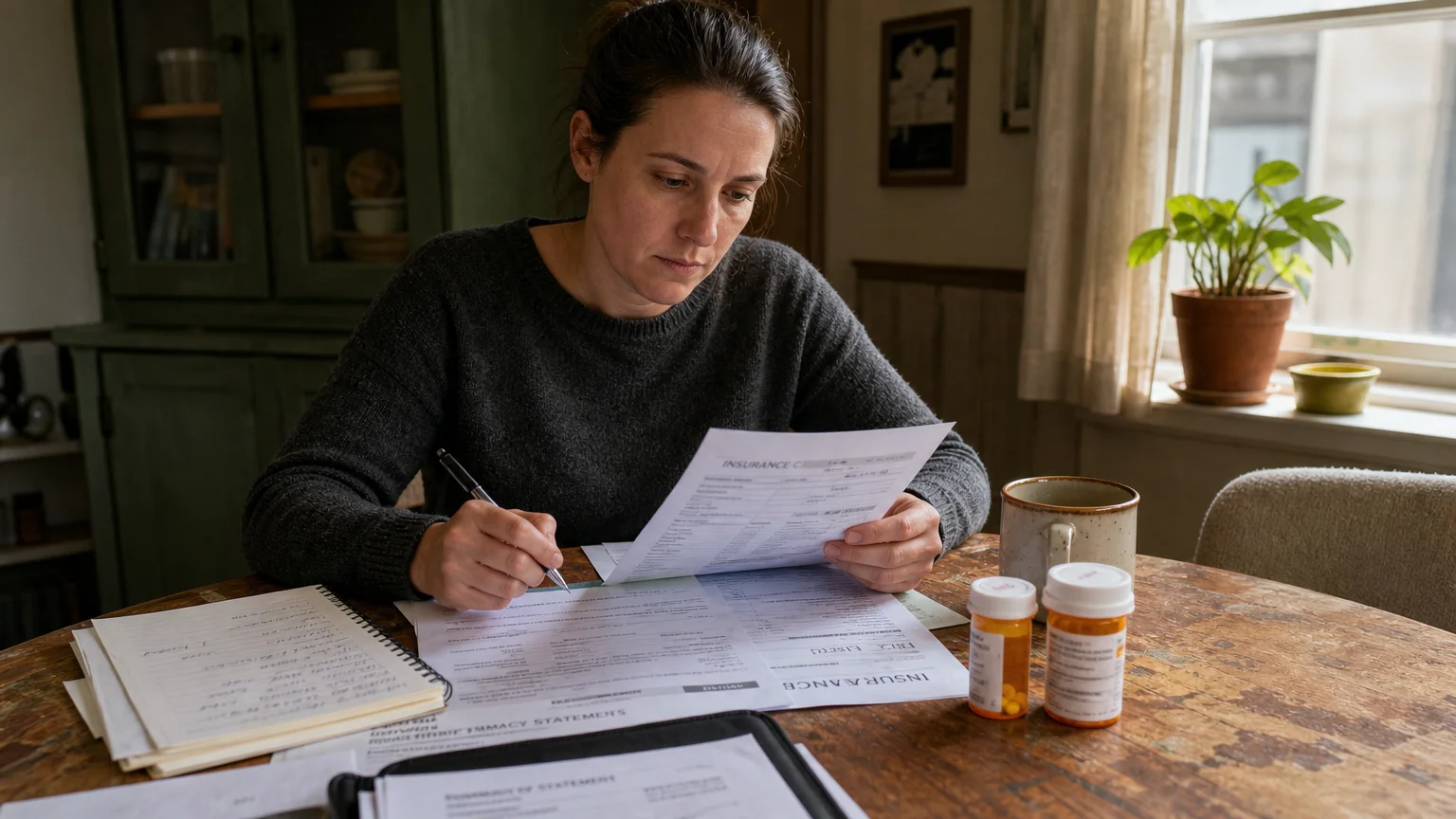 A person sitting at a kitchen table with paperwork and prescription bottles, carefully reviewing healthcare documents.