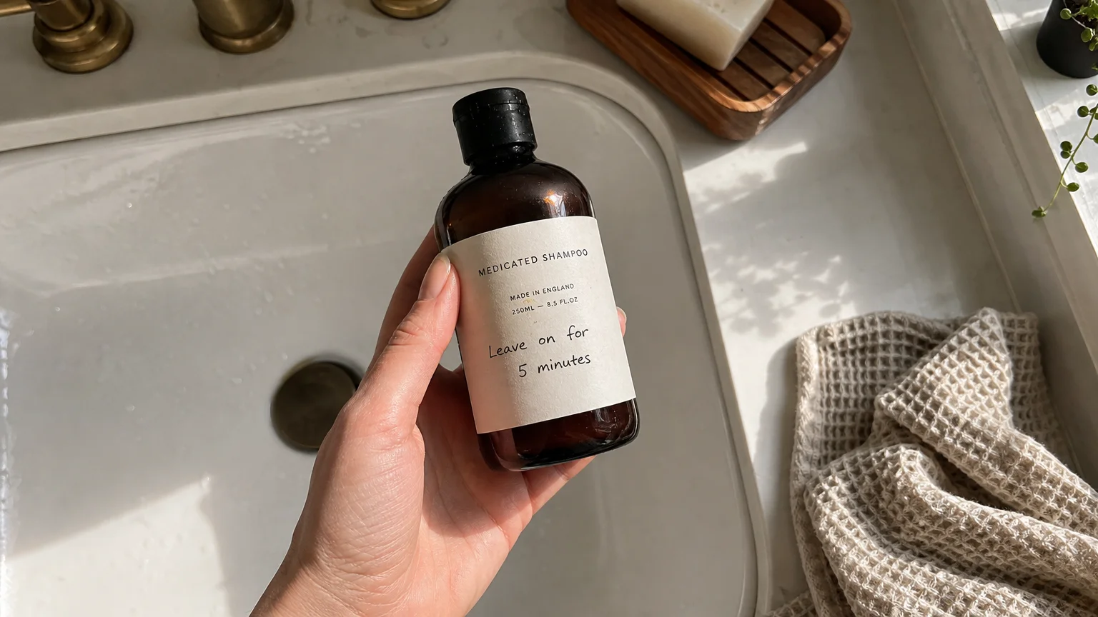 A photograph of a hand holding an amber shampoo bottle labeled 'Leave on for 5 minutes' on a sunlit bathroom vanity.