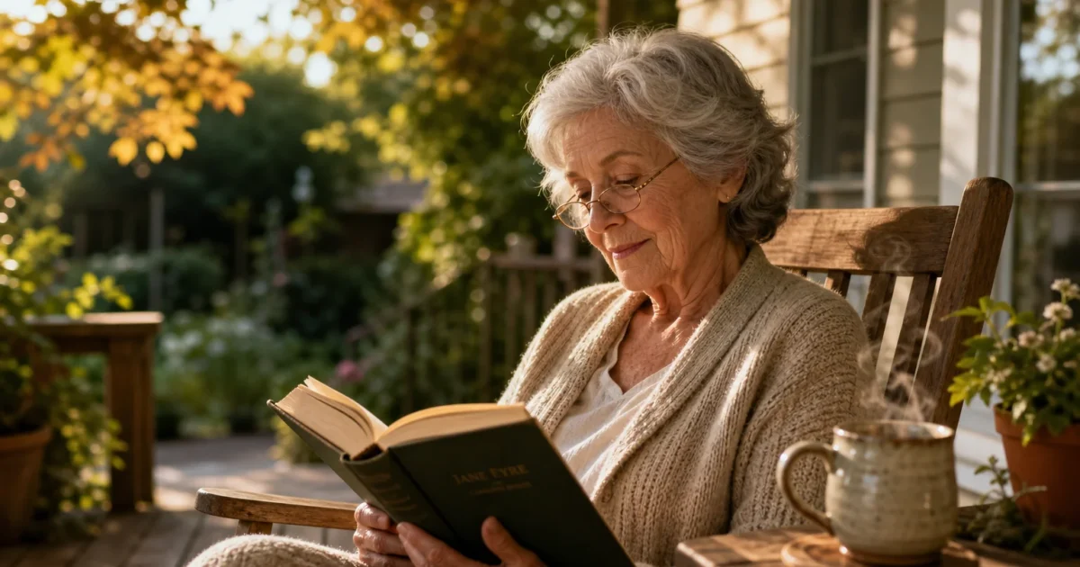 A senior woman with gray hair wearing reading glasses, peacefully reading a book on a sun-drenched wooden porch.