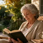 A senior woman with gray hair wearing reading glasses, peacefully reading a book on a sun-drenched wooden porch.