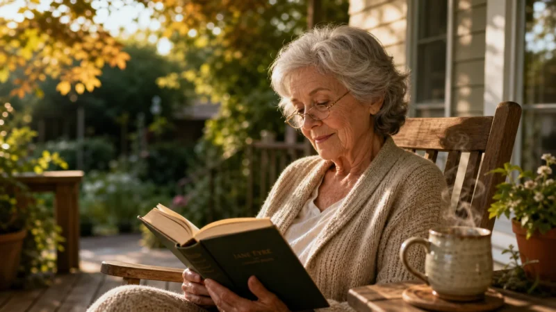 A senior woman with gray hair wearing reading glasses, peacefully reading a book on a sun-drenched wooden porch.