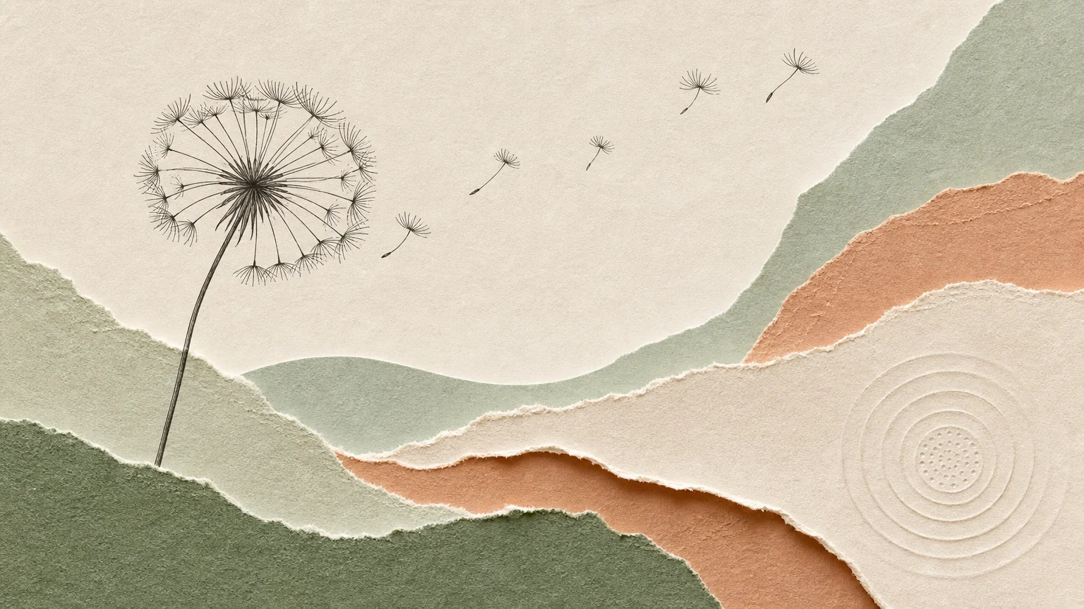 A soothing cut-paper collage with organic shapes in sage green and cream, featuring a minimalist ink drawing of drifting seeds.