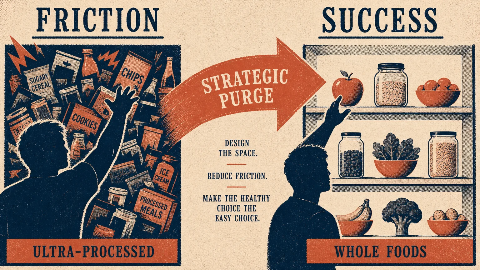 A split-screen illustration showing a cluttered pantry versus an organized one, highlighting the transition from friction to nutritional suc