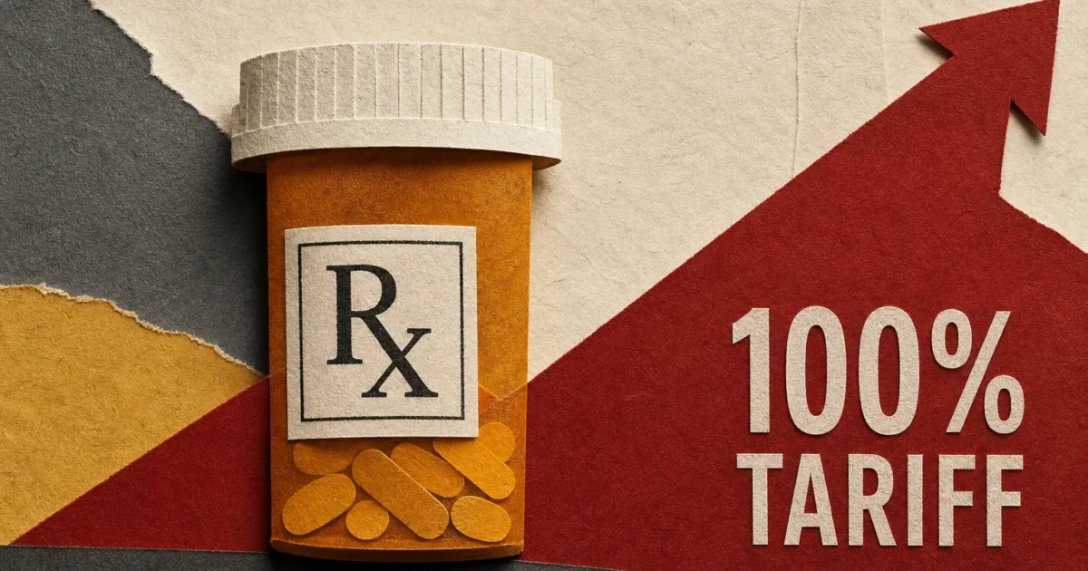 A textured paper collage showing an amber prescription bottle split by a bold, rising crimson-red block representing tariffs.