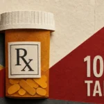 A textured paper collage showing an amber prescription bottle split by a bold, rising crimson-red block representing tariffs.