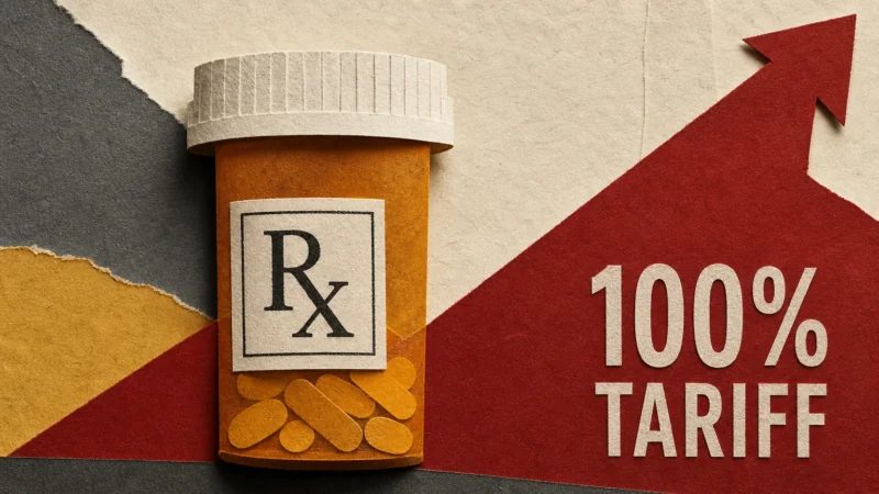 A textured paper collage showing an amber prescription bottle split by a bold, rising crimson-red block representing tariffs.