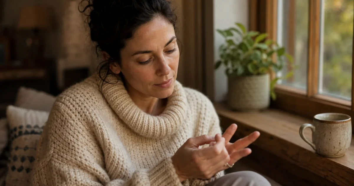 A thoughtful woman sits on a sunlit window seat, reflecting on her body's wellness signals in a warm, natural home setting.