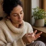 A thoughtful woman sits on a sunlit window seat, reflecting on her body's wellness signals in a warm, natural home setting.