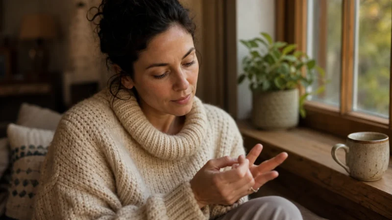 A thoughtful woman sits on a sunlit window seat, reflecting on her body's wellness signals in a warm, natural home setting.
