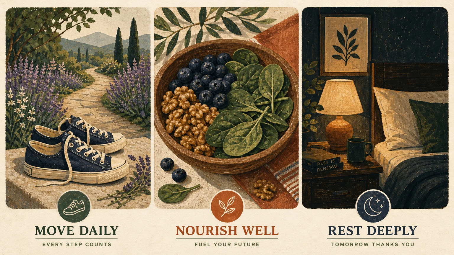 A three-panel gouache illustration showing walking shoes by a path, a bowl of healthy food, and a cozy bedroom corner.