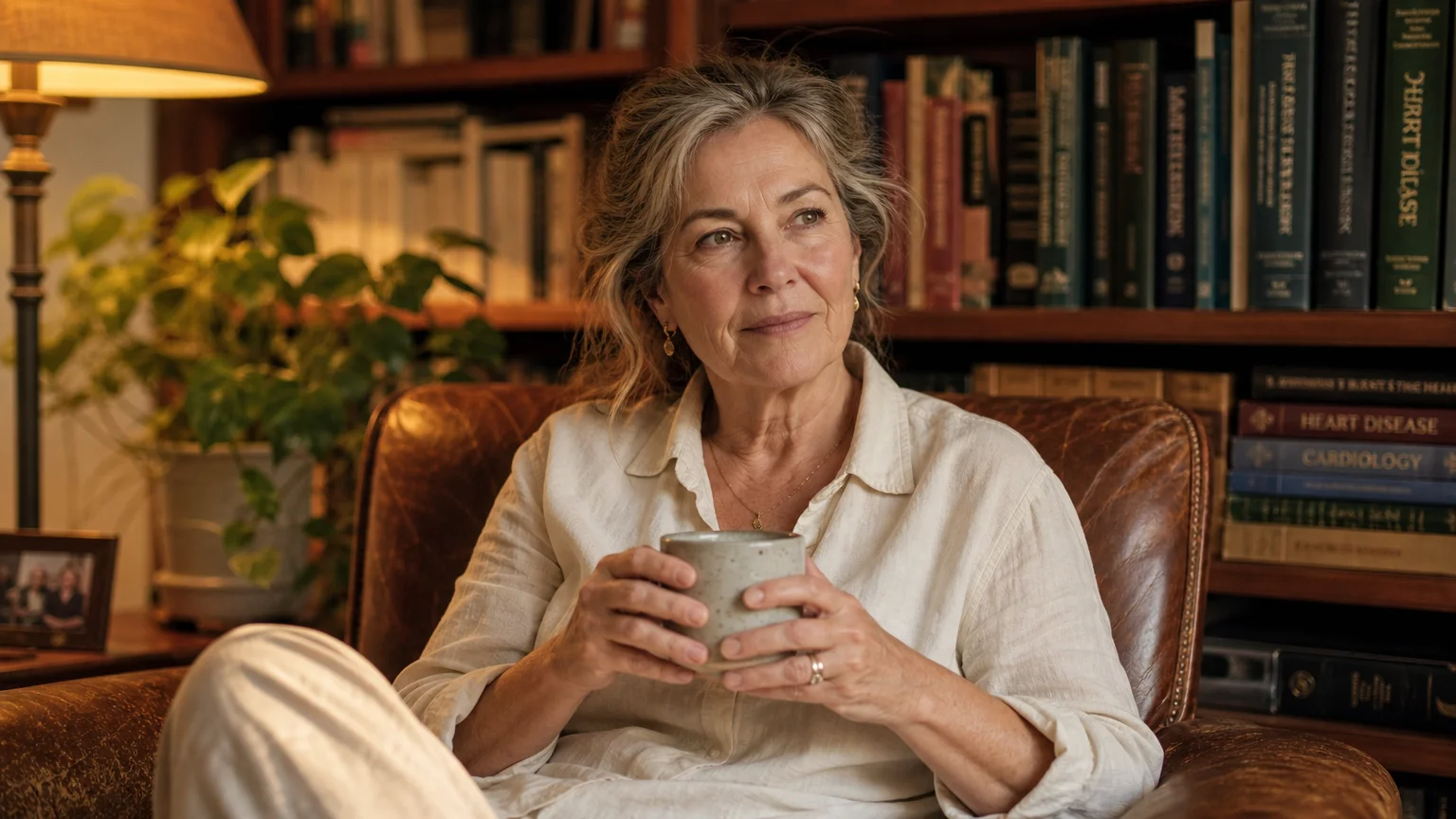 A warm, 35mm film portrait of a female cardiologist in her home library holding a mug, reflecting on her evening routine.