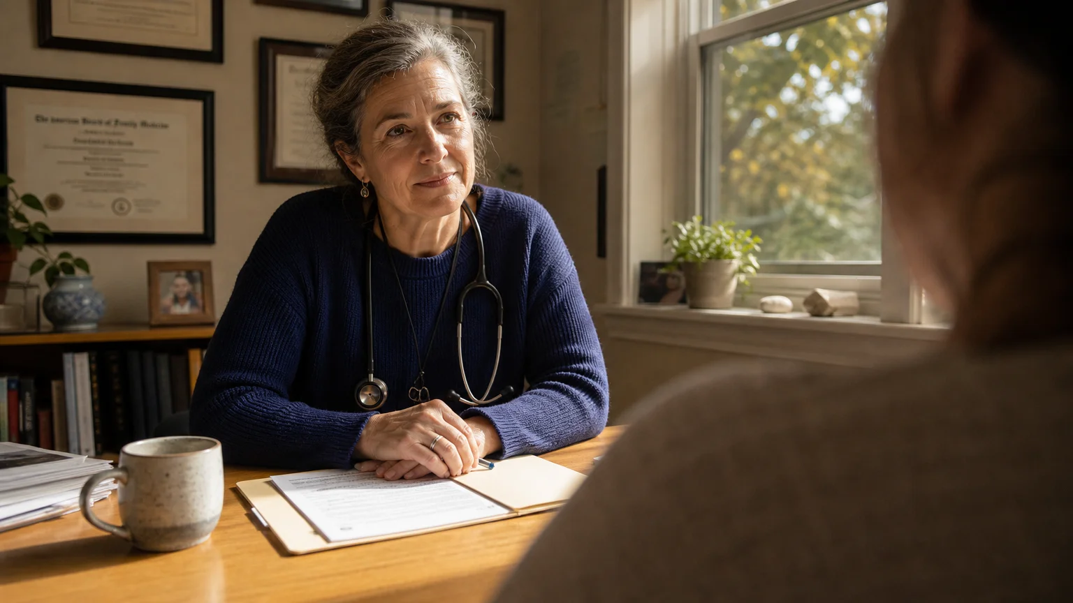 A warm, documentary-style photo of a female doctor in a blue sweater listening compassionately to a patient in a sunlit office.