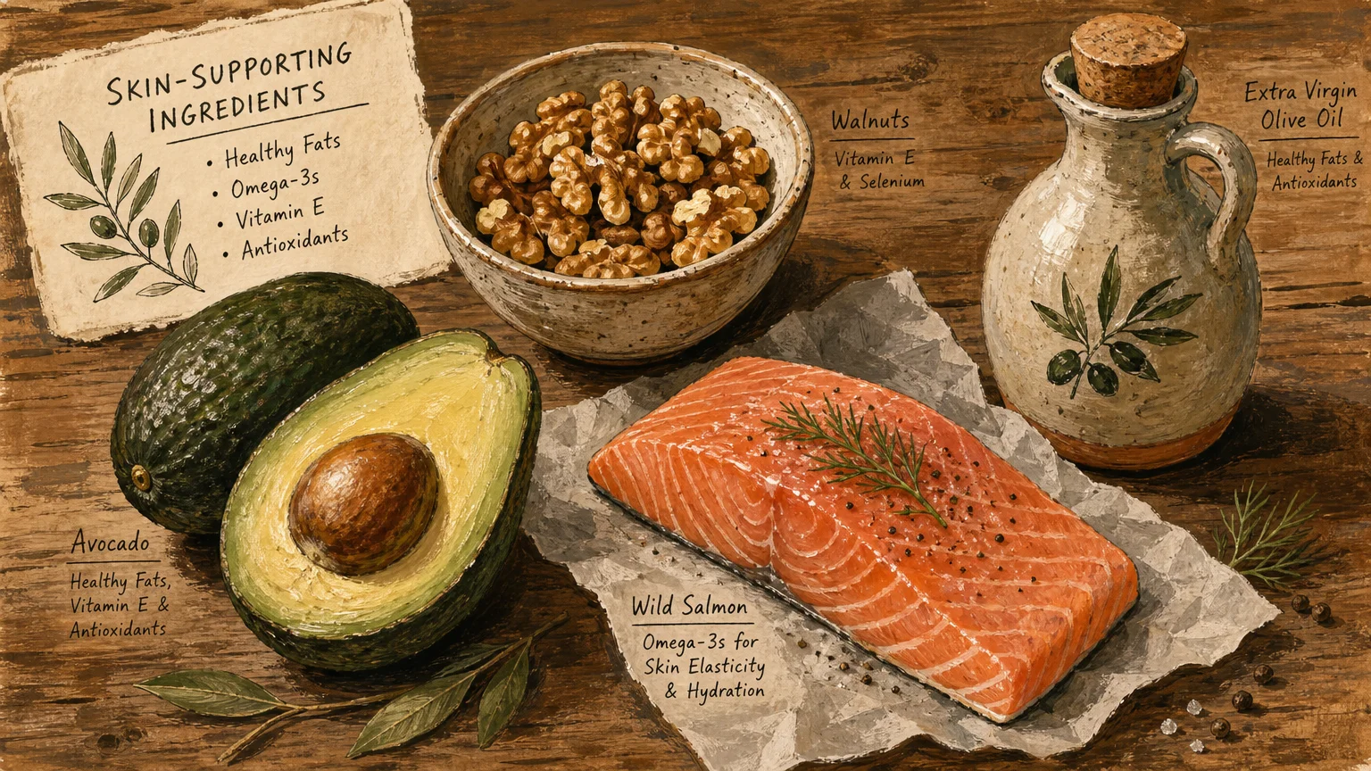 A warm gouache illustration of skin-healthy foods including avocado, walnuts, and salmon arranged on a wooden table.