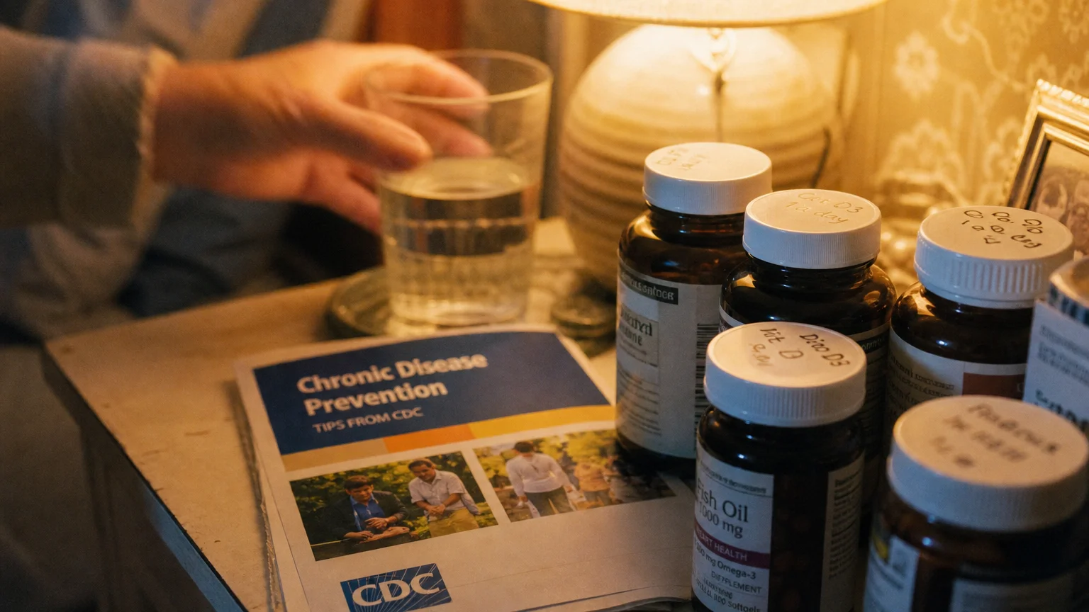 A warm, grainy photo of supplement bottles and a health brochure on a nightstand, captured in a domestic setting.