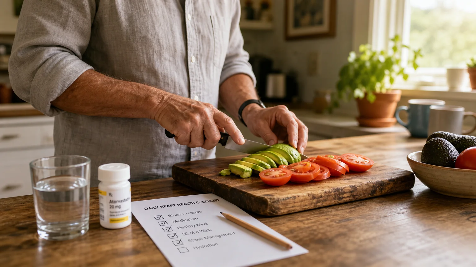 A warm photograph of an adult preparing a healthy meal next to a daily wellness checklist, representing a proactive stroke prevention routin