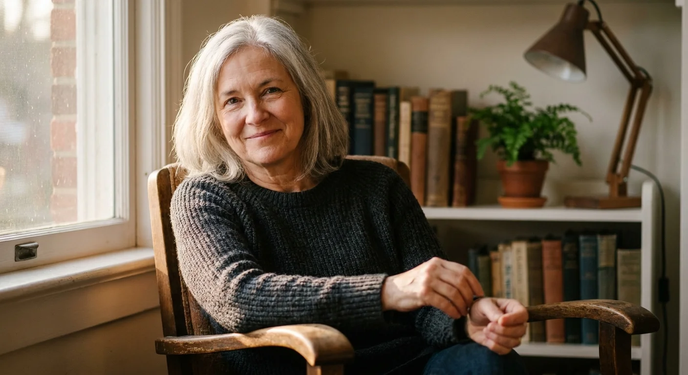 A warm, shallow depth-of-field portrait of an empathetic mature physician smiling in her cozy, sun-drenched office.