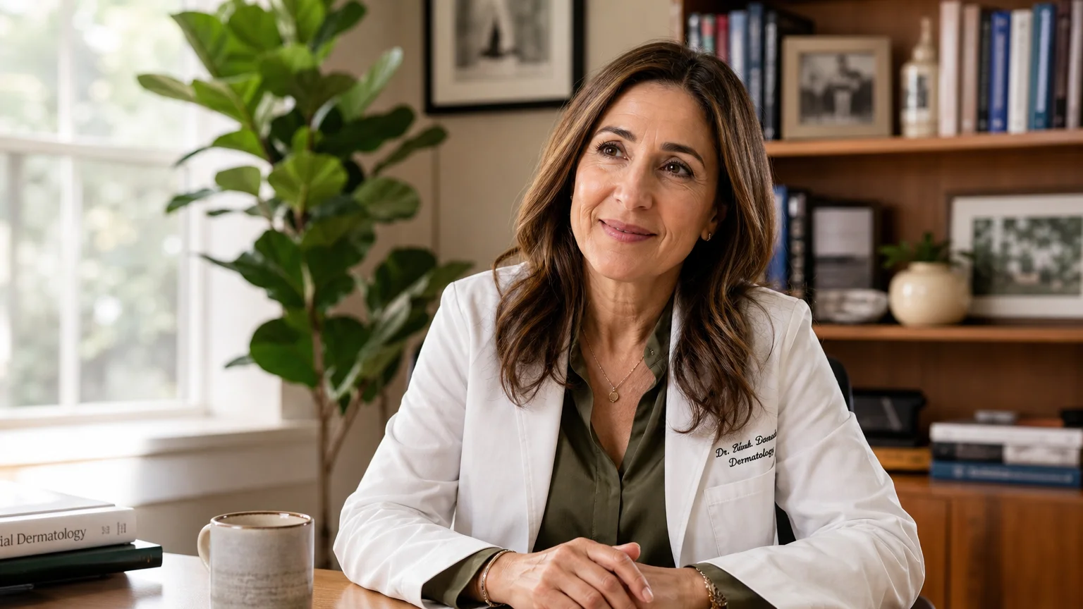 A warm, trustworthy portrait of a female dermatologist in a naturally lit, comfortable office setting.
