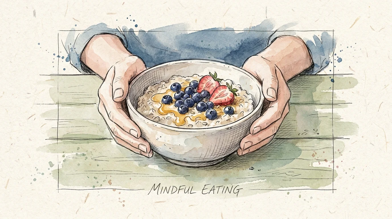 A warm watercolor and ink sketch of hands holding a cozy bowl of oatmeal with berries, symbolizing mindful, intuitive eating.