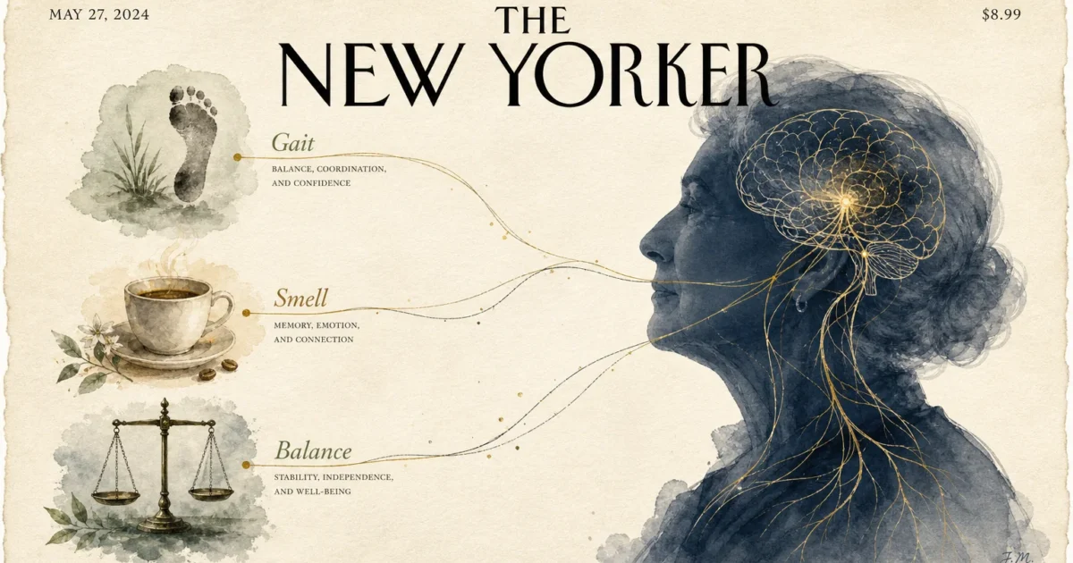 A warm watercolor illustration of a profile silhouette connected by delicate lines to symbols of movement and a coffee cup.