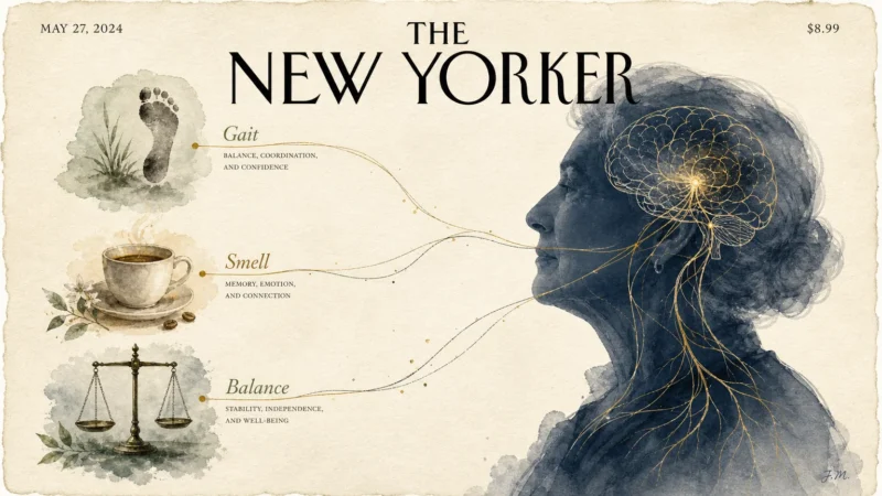 A warm watercolor illustration of a profile silhouette connected by delicate lines to symbols of movement and a coffee cup.