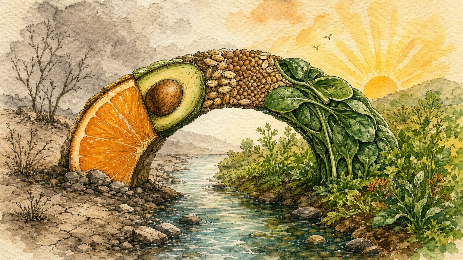 A watercolor and ink illustration of a bridge built from whole foods, crossing over to a lush, sunlit landscape.