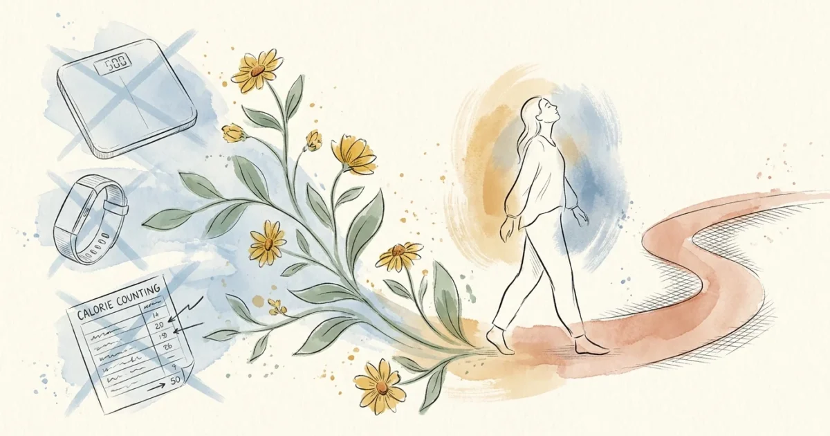 A watercolor and ink illustration of wildflower vines growing over fading fitness metrics, representing natural health over rigid numbers.