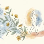A watercolor and ink illustration of wildflower vines growing over fading fitness metrics, representing natural health over rigid numbers.