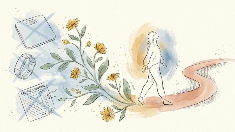 A watercolor and ink illustration of wildflower vines growing over fading fitness metrics, representing natural health over rigid numbers.