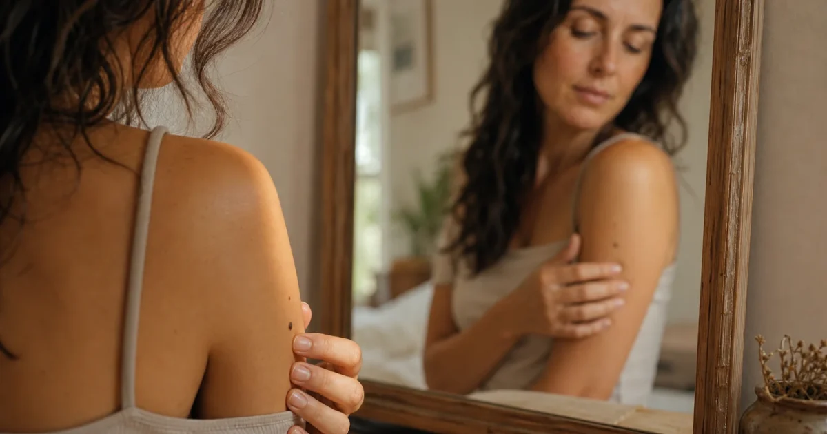 A woman in her late 30s mindfully inspects a small mole on her upper arm in a softly lit bedroom mirror.