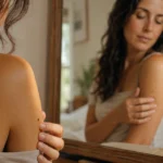 A woman in her late 30s mindfully inspects a small mole on her upper arm in a softly lit bedroom mirror.