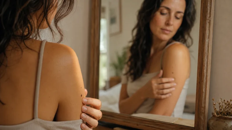 A woman in her late 30s mindfully inspects a small mole on her upper arm in a softly lit bedroom mirror.