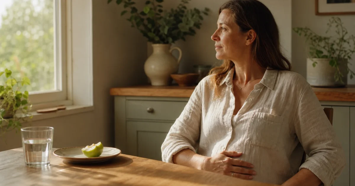 A woman sits thoughtfully in a sunlit kitchen, hand on her stomach, symbolizing body awareness and digestive health.